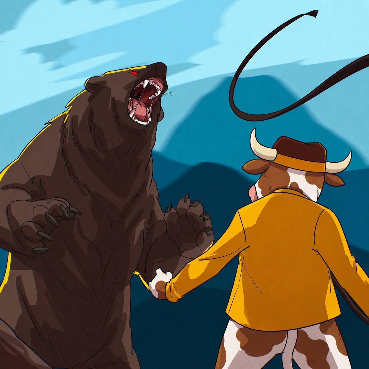 Bullion facing a large bear in the mountains.
