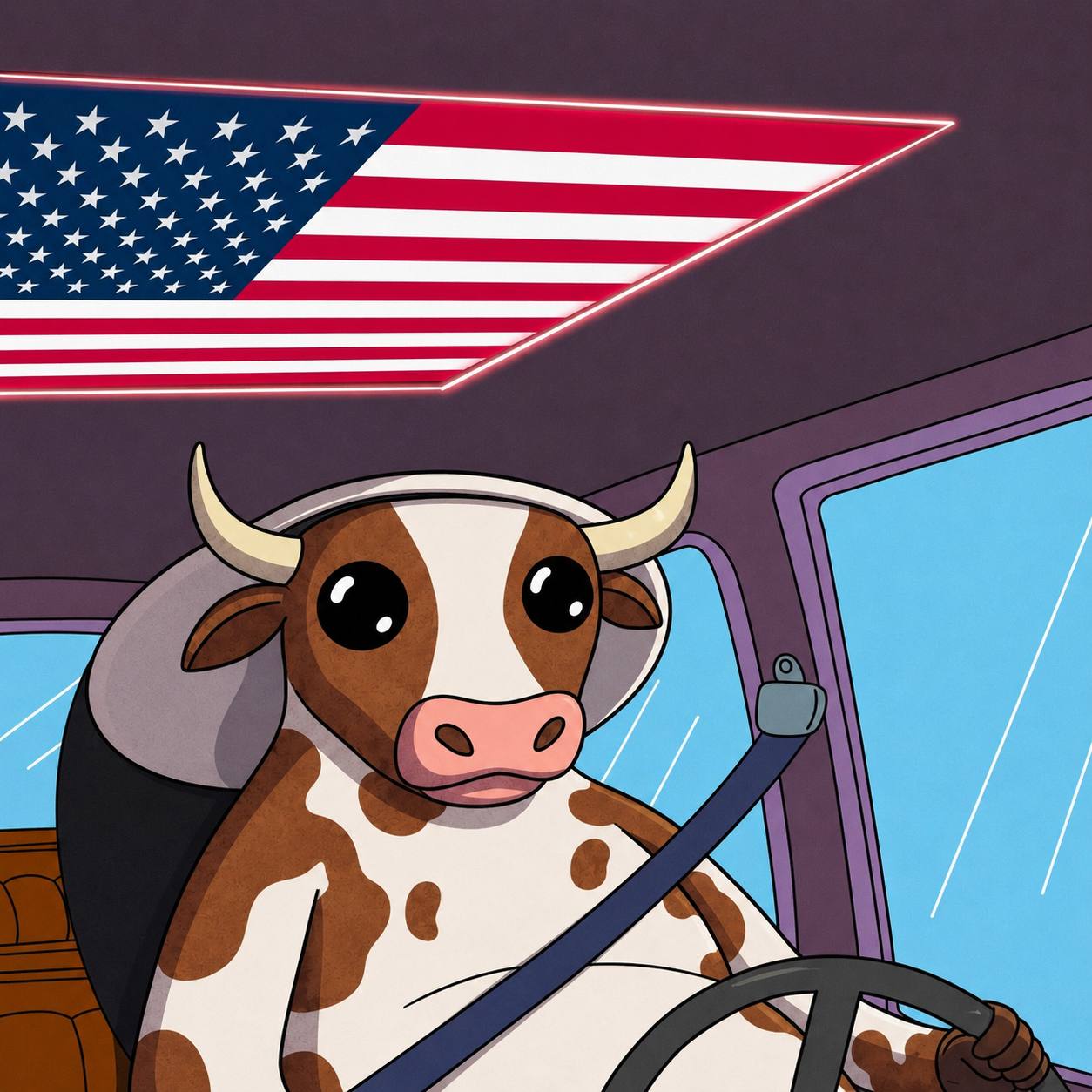 Bullion driving under a glowing flag.