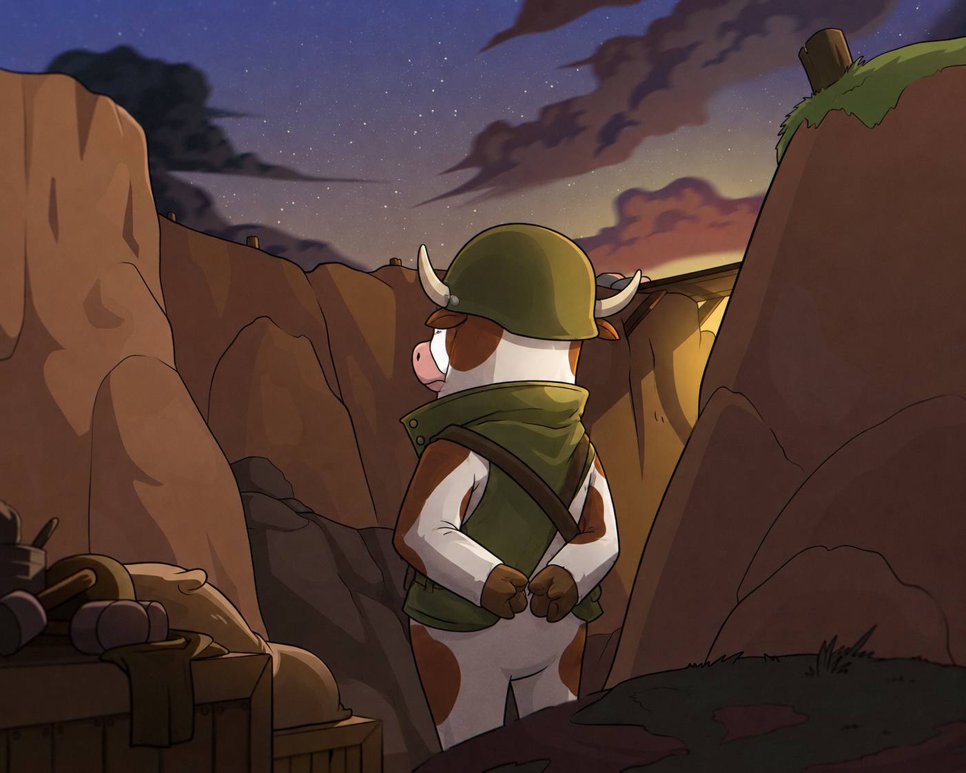 Bullion standing in a canyon trench at night.